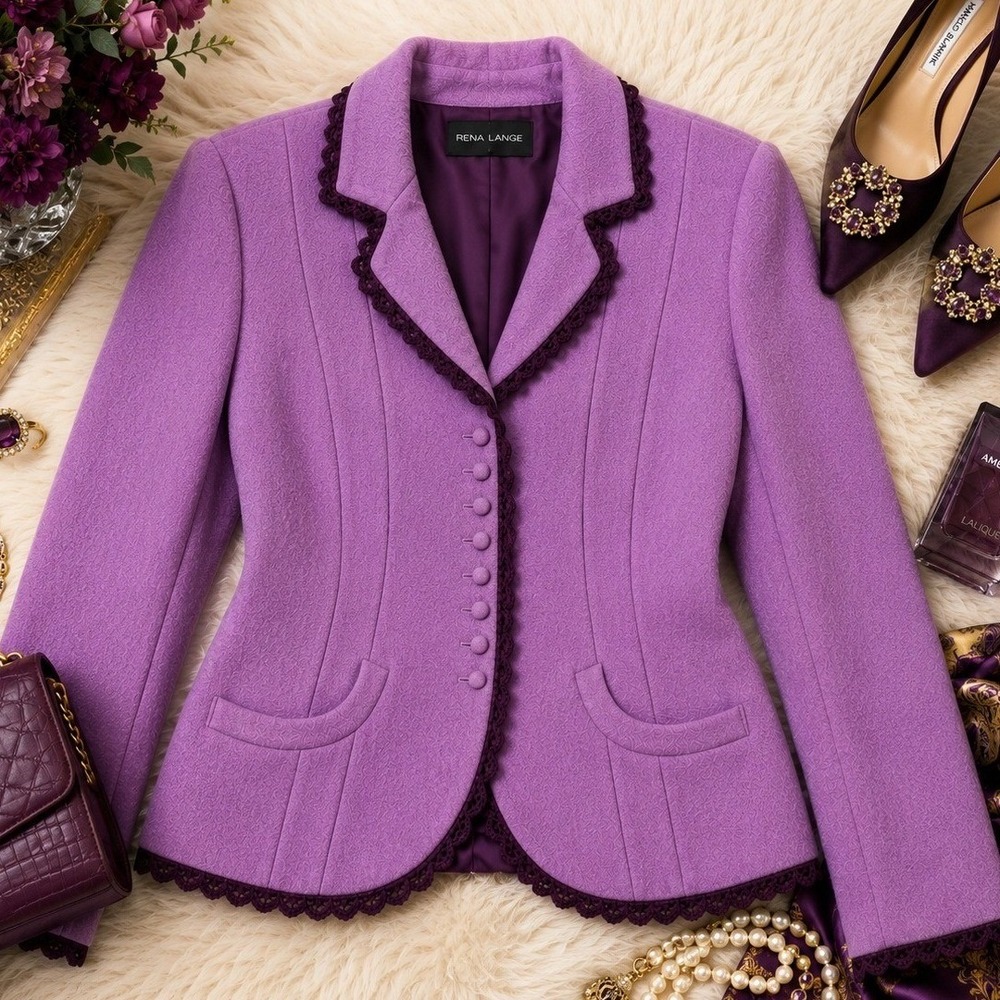 Rena Lange Purple Wool Blend Crochet Trim Blazer Jacket 46 Viola German Designer